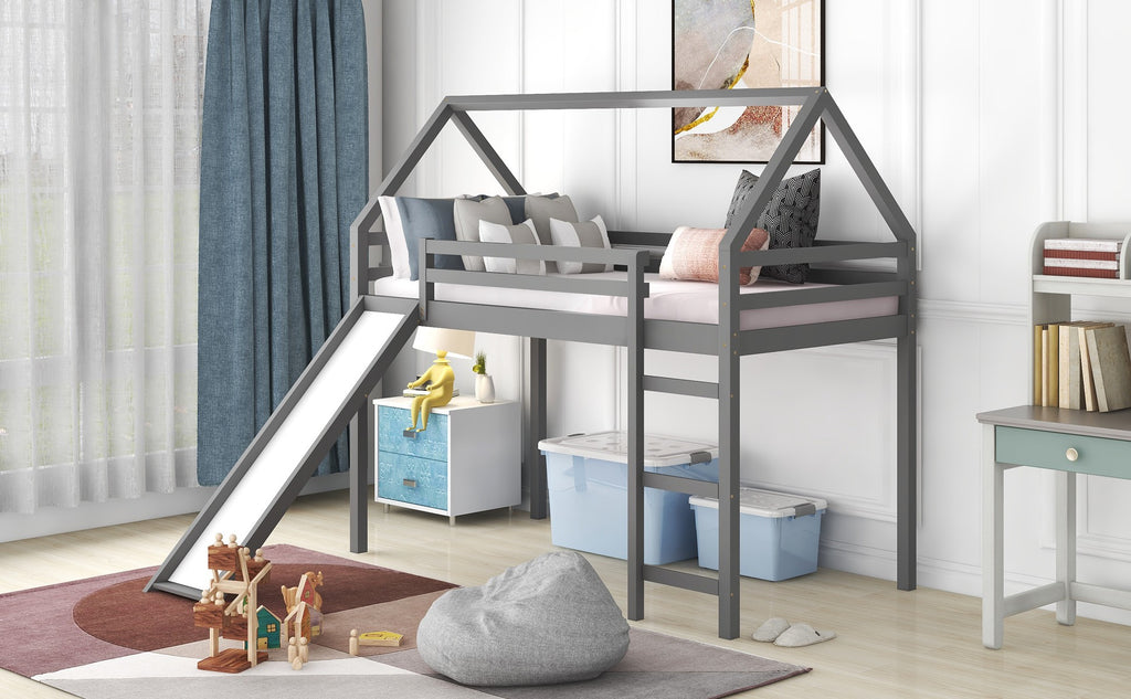 LuxxHomes  Gray Twin Size Slide House Loft Bed