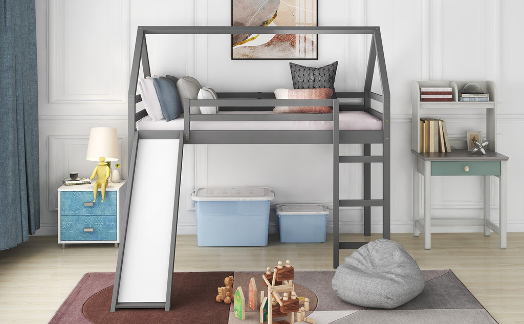 LuxxHomes  Gray Twin Size Slide House Loft Bed