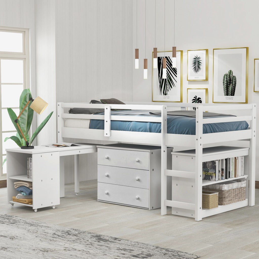 LuxxHomes  White Low Twin Loft Bed With Cabinet and Desk