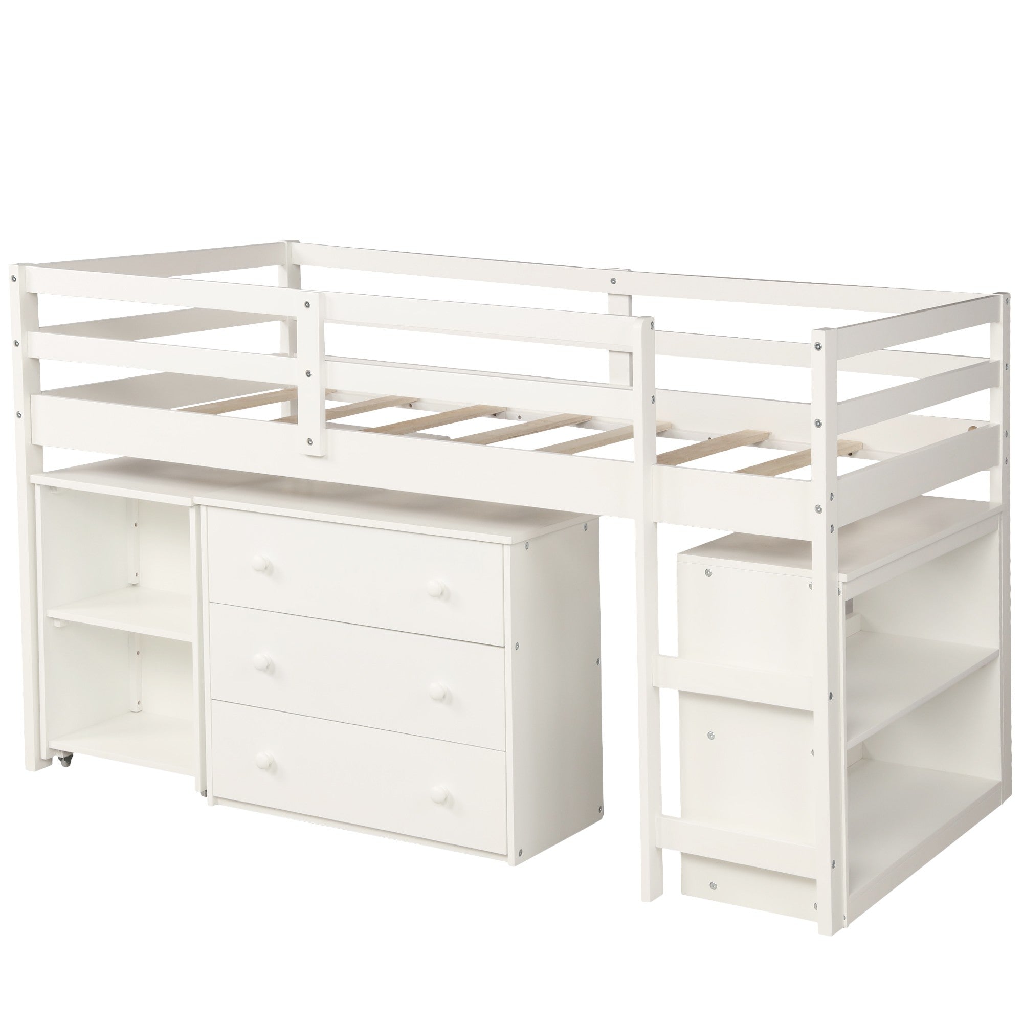 LuxxHomes  White Low Twin Loft Bed With Cabinet and Desk