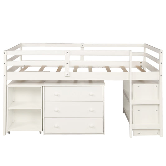 LuxxHomes  White Low Twin Loft Bed With Cabinet and Desk