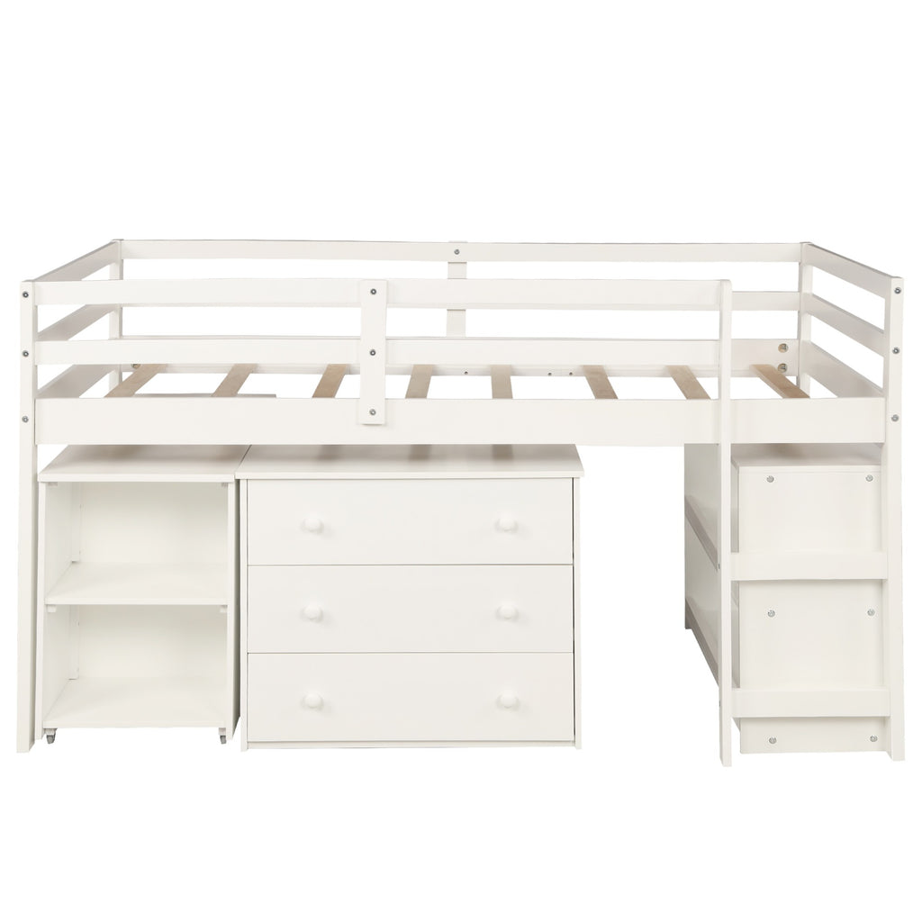 LuxxHomes  White Low Twin Loft Bed With Cabinet and Desk