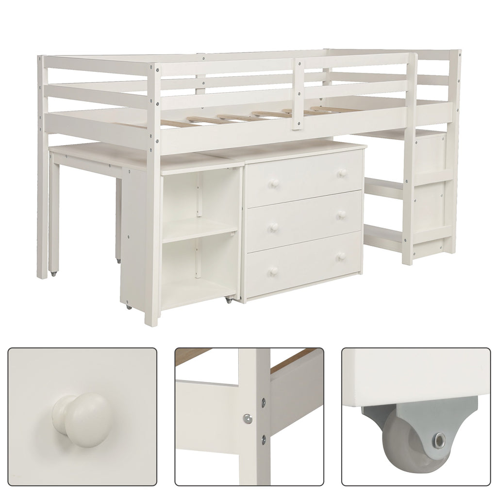 LuxxHomes  White Low Twin Loft Bed With Cabinet and Desk