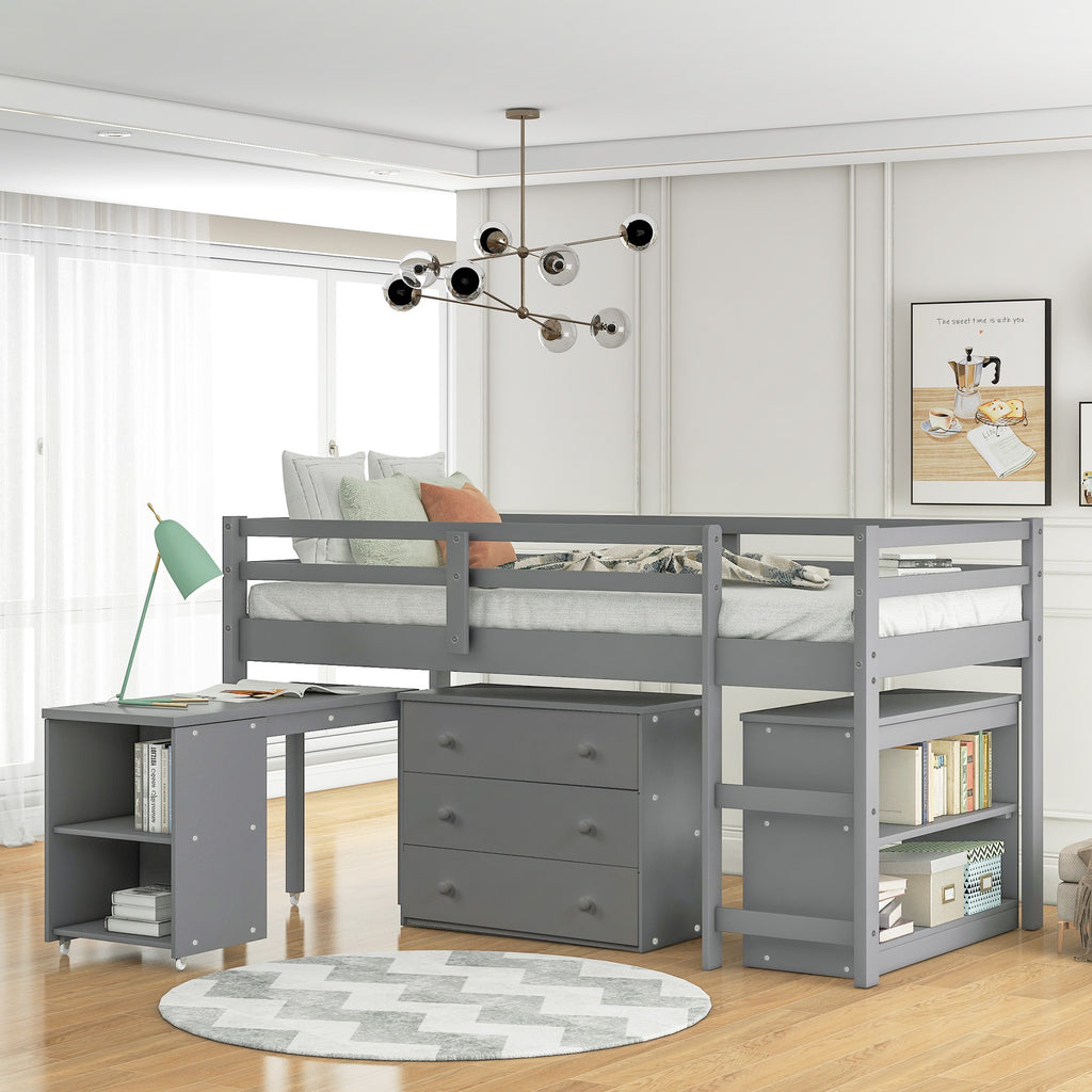 LuxxHomes  Gray Low Twin Loft Bed With Cabinet and Desk