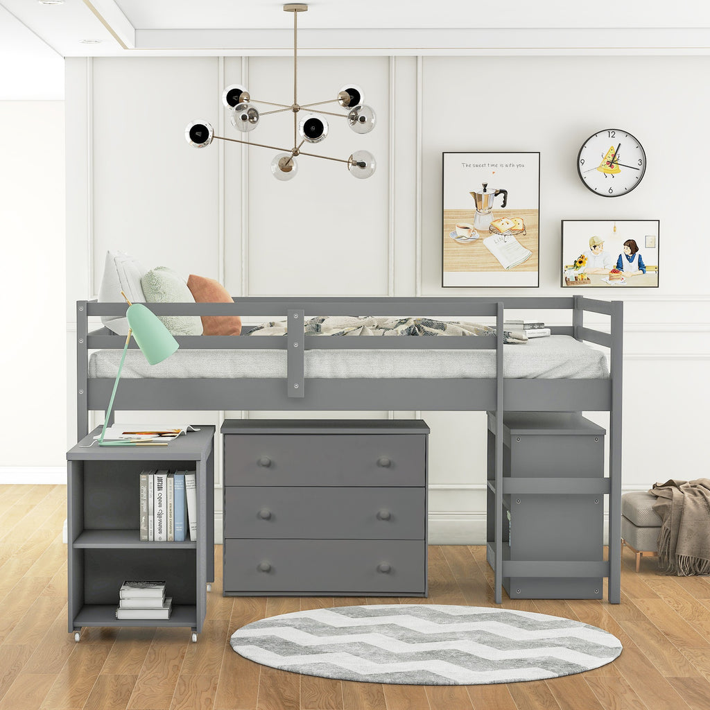 LuxxHomes  Gray Low Twin Loft Bed With Cabinet and Desk