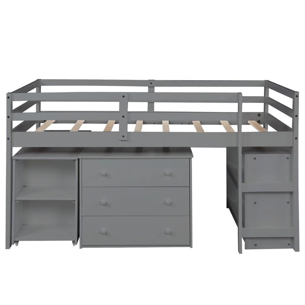 LuxxHomes  Gray Low Twin Loft Bed With Cabinet and Desk