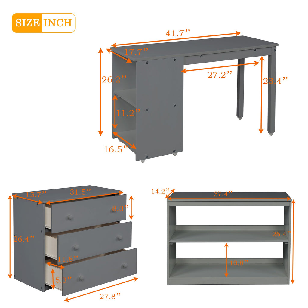 LuxxHomes  Gray Low Twin Loft Bed With Cabinet and Desk