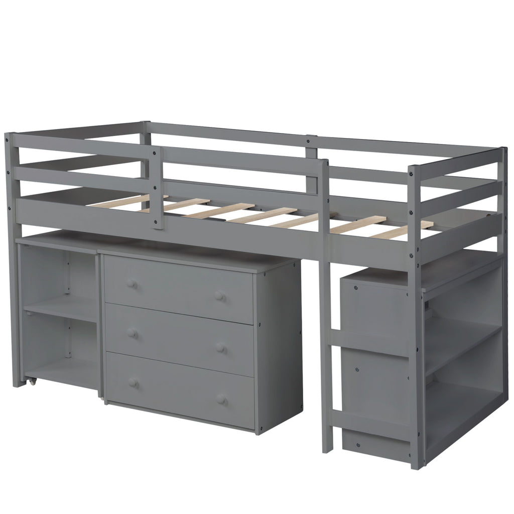 LuxxHomes  Gray Low Twin Loft Bed With Cabinet and Desk