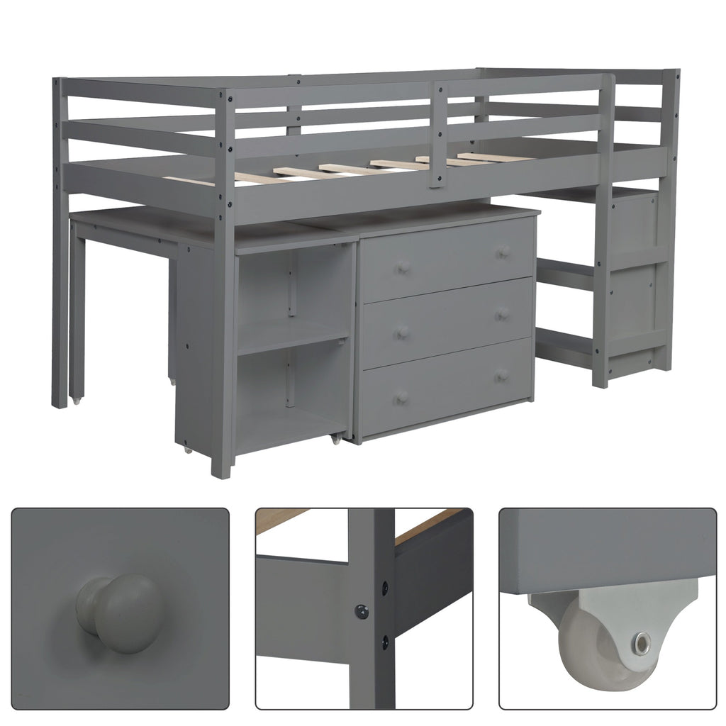 LuxxHomes  Gray Low Twin Loft Bed With Cabinet and Desk