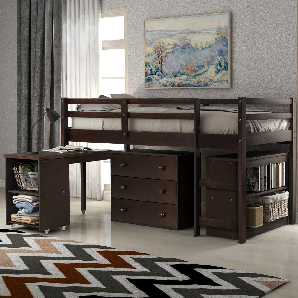 LuxxHomes  Brown Low Twin Loft Bed With Cabinet and Desk