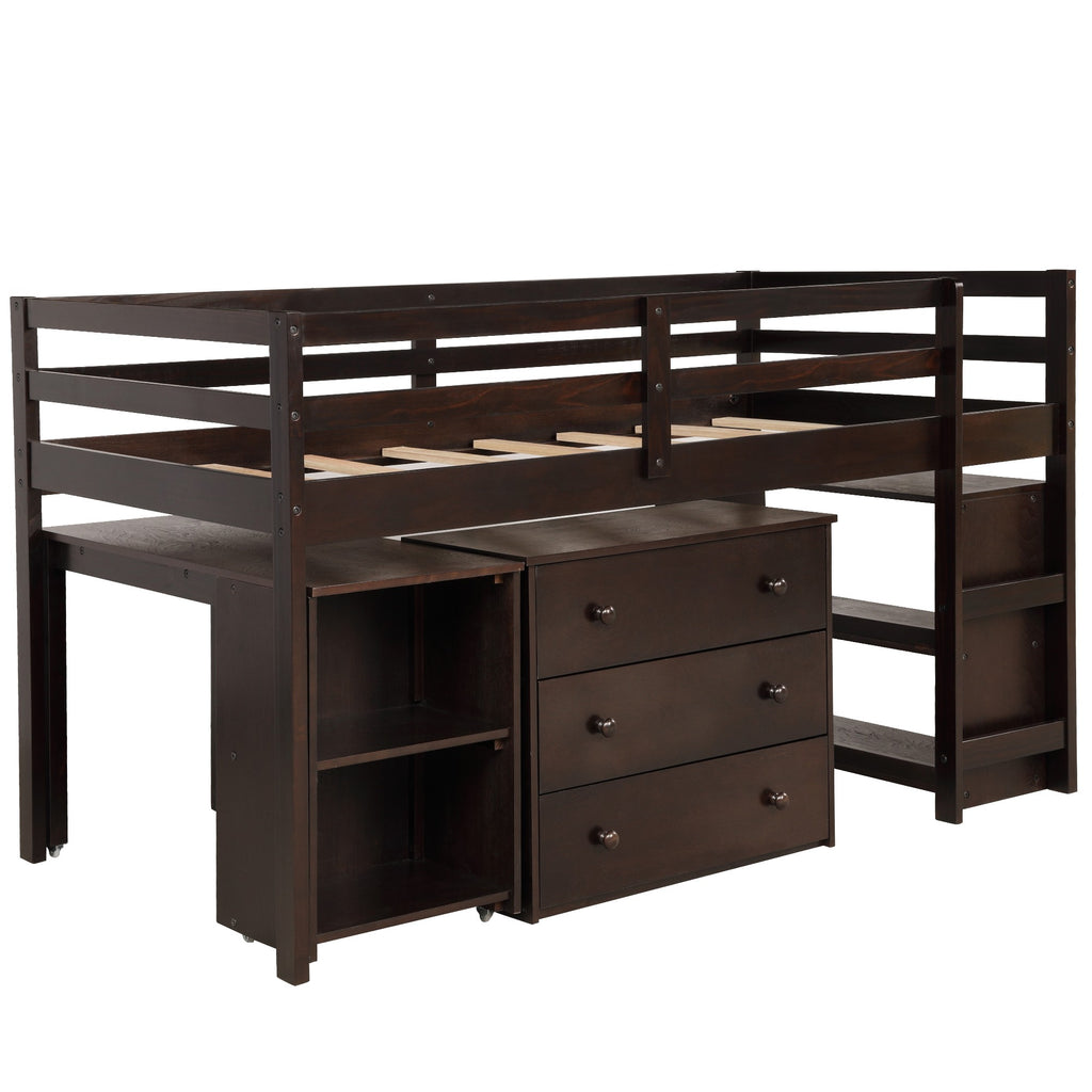 LuxxHomes  Brown Low Twin Loft Bed With Cabinet and Desk