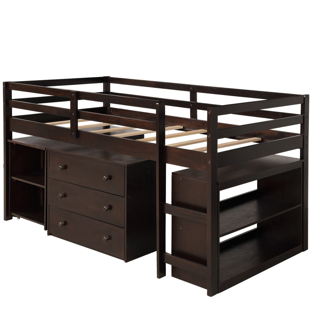 LuxxHomes  Brown Low Twin Loft Bed With Cabinet and Desk