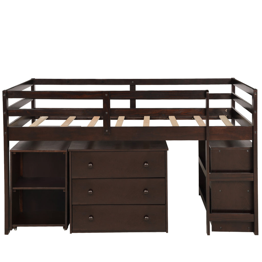 LuxxHomes  Brown Low Twin Loft Bed With Cabinet and Desk