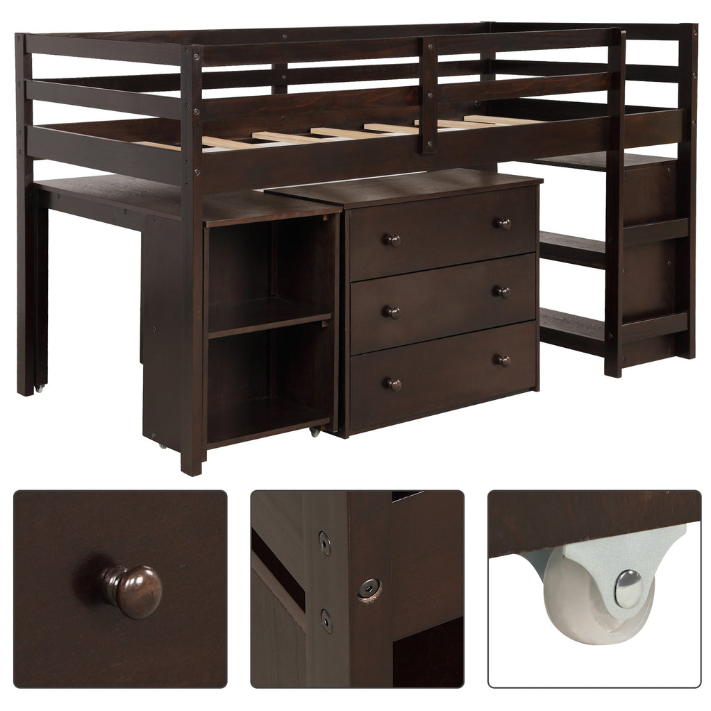 LuxxHomes  Brown Low Twin Loft Bed With Cabinet and Desk