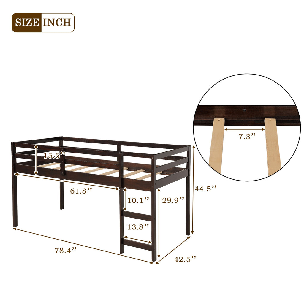 LuxxHomes  Brown Low Twin Loft Bed With Cabinet and Desk