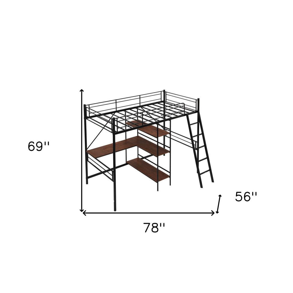 LuxxHomes  Black Twin Size Metal Loft Bed With Desk and Shelves