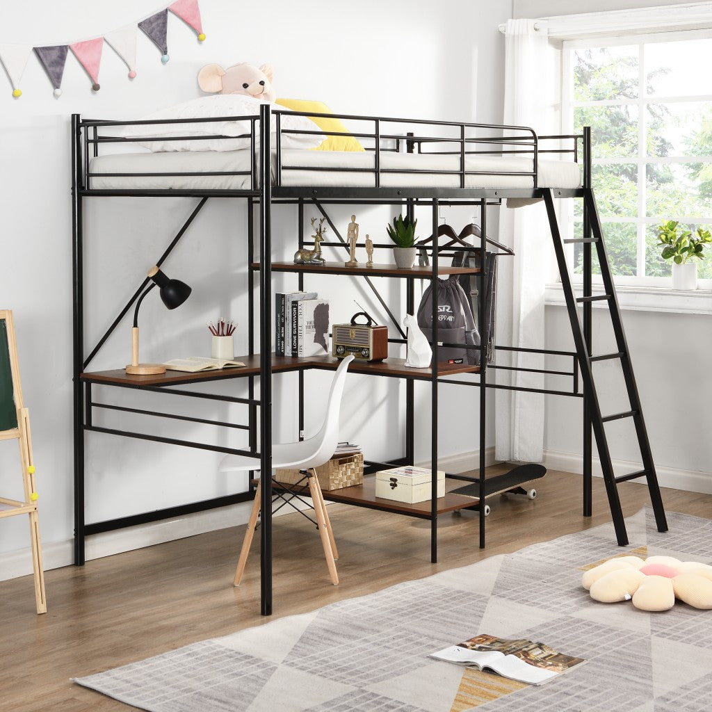 LuxxHomes  Black Twin Size Metal Loft Bed With Desk and Shelves