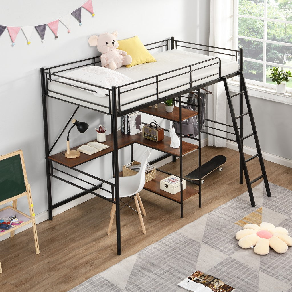 LuxxHomes  Black Twin Size Metal Loft Bed With Desk and Shelves