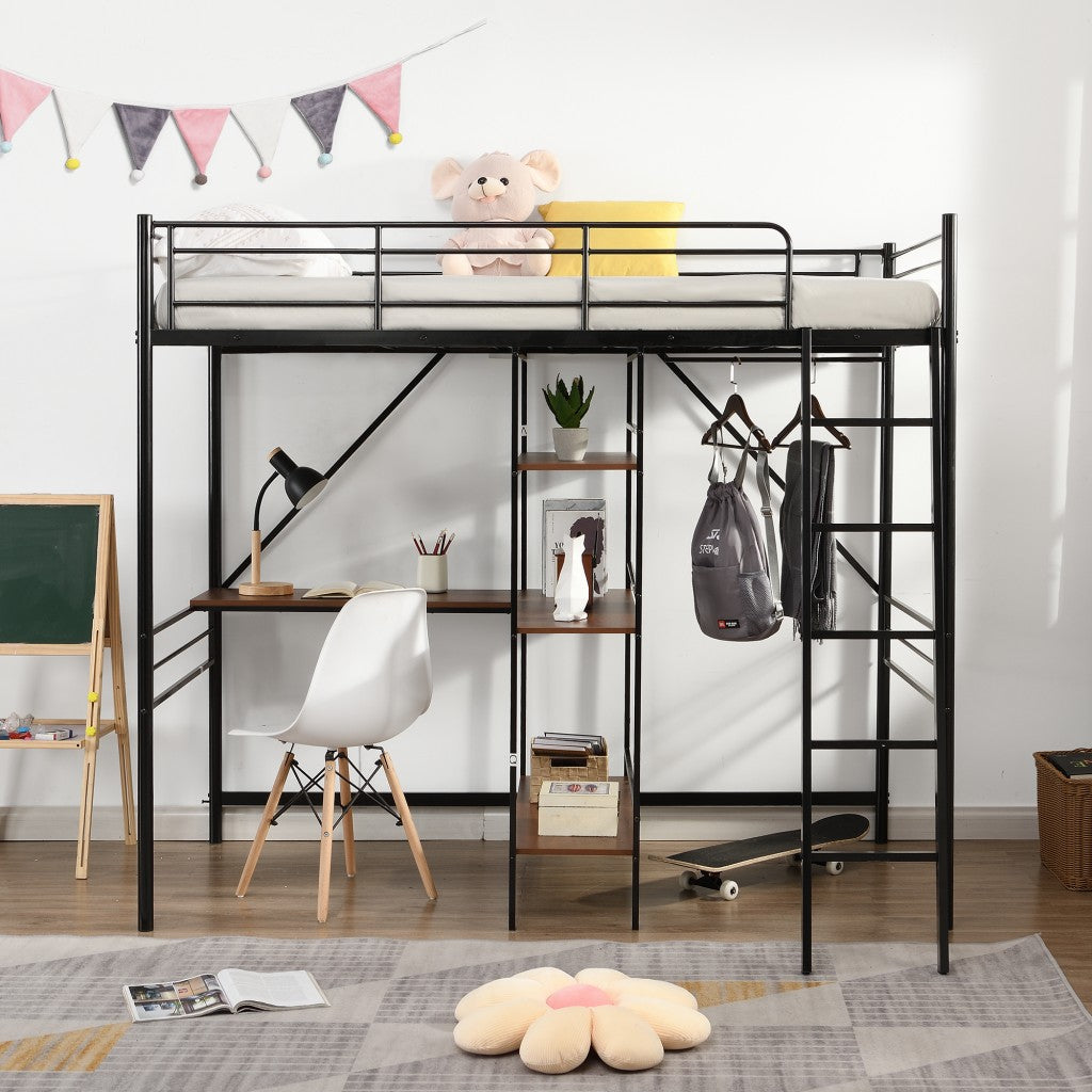 LuxxHomes  Black Twin Size Metal Loft Bed With Desk and Shelves