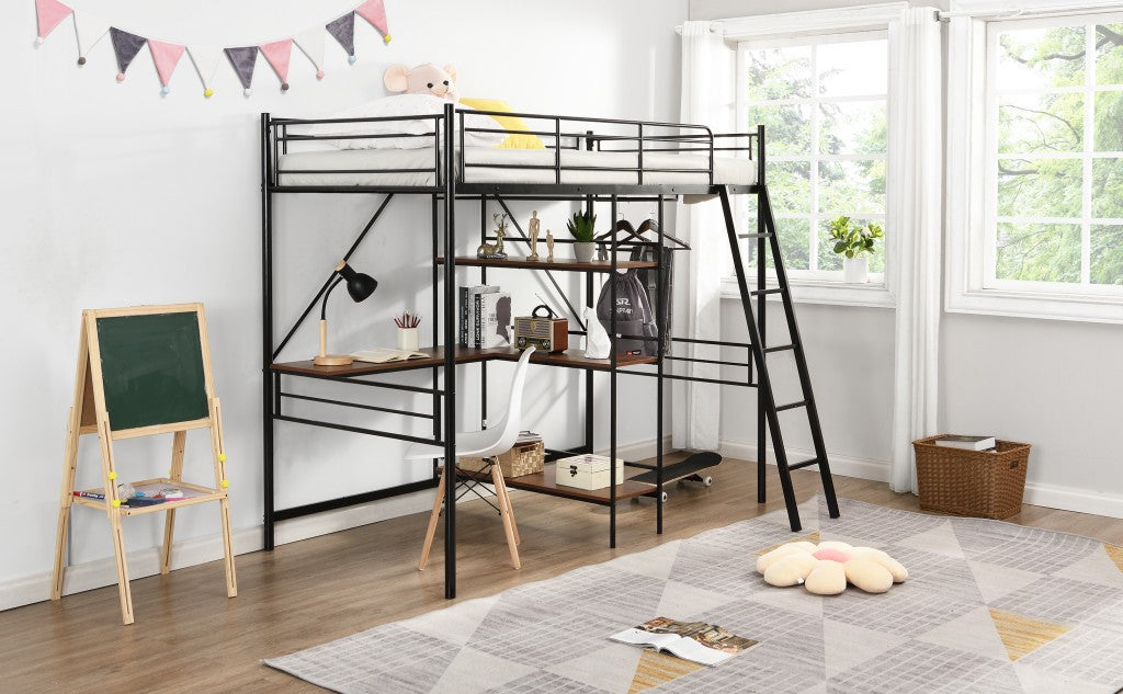 LuxxHomes  Black Twin Size Metal Loft Bed With Desk and Shelves