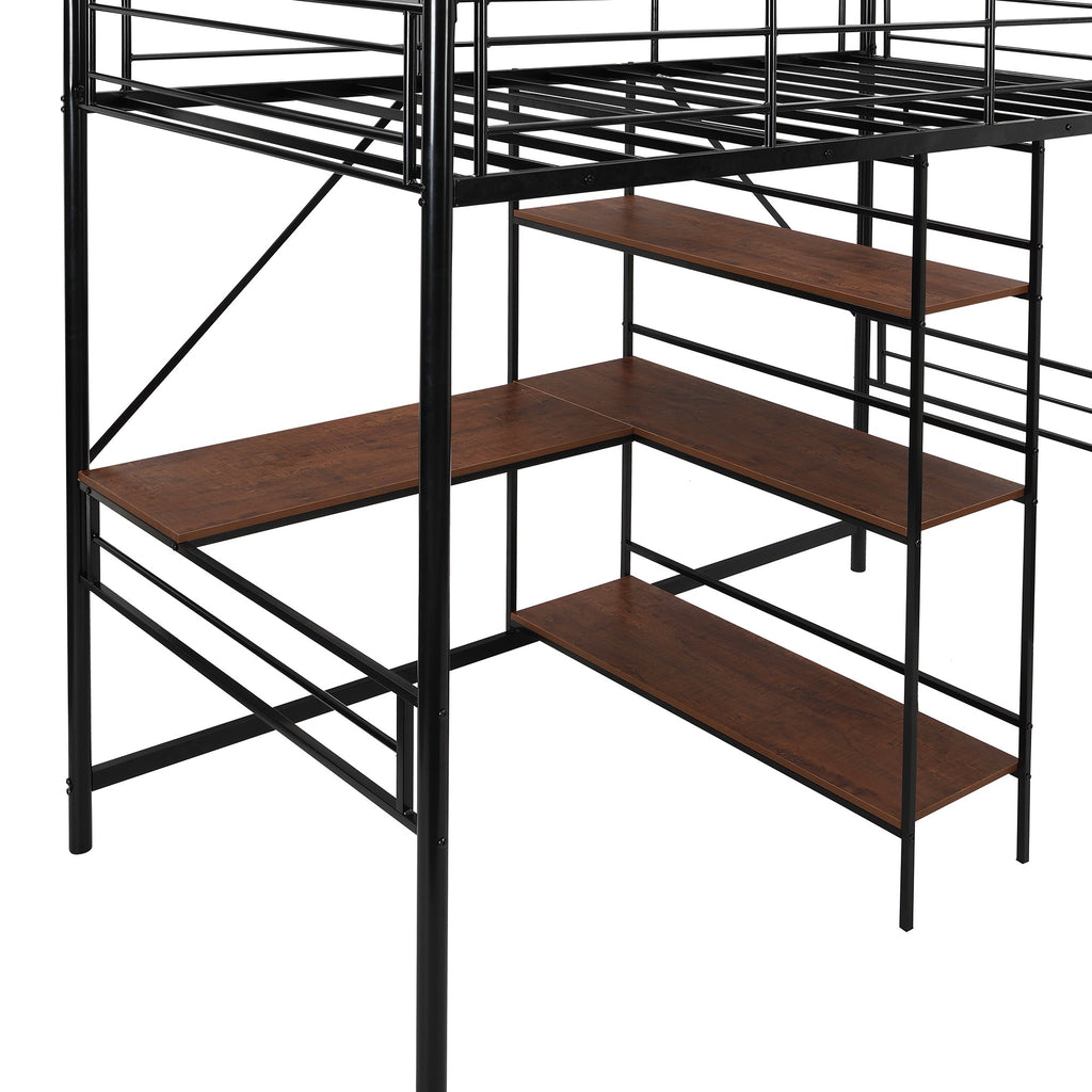 LuxxHomes  Black Twin Size Metal Loft Bed With Desk and Shelves