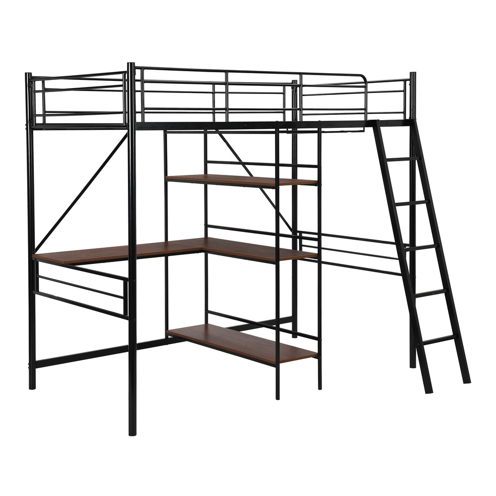 LuxxHomes  Black Twin Size Metal Loft Bed With Desk and Shelves