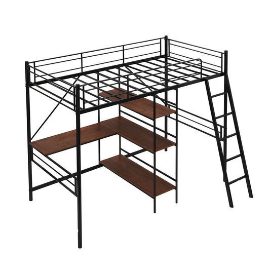 LuxxHomes  Black Twin Size Metal Loft Bed With Desk and Shelves