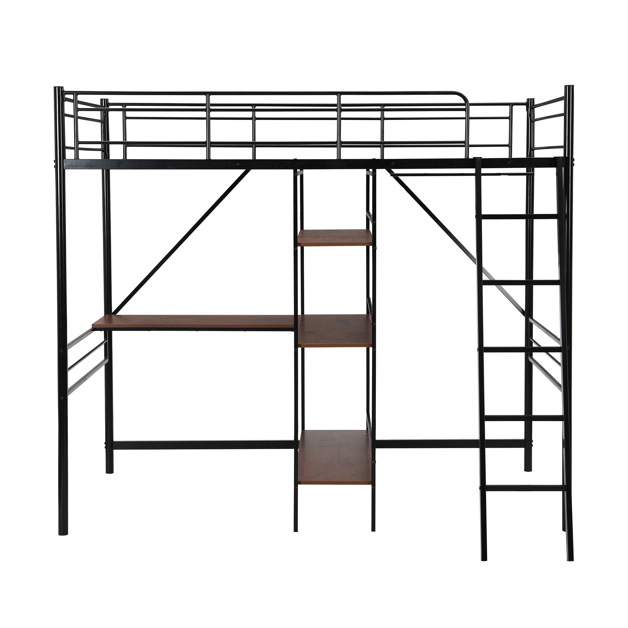 LuxxHomes  Black Twin Size Metal Loft Bed With Desk and Shelves