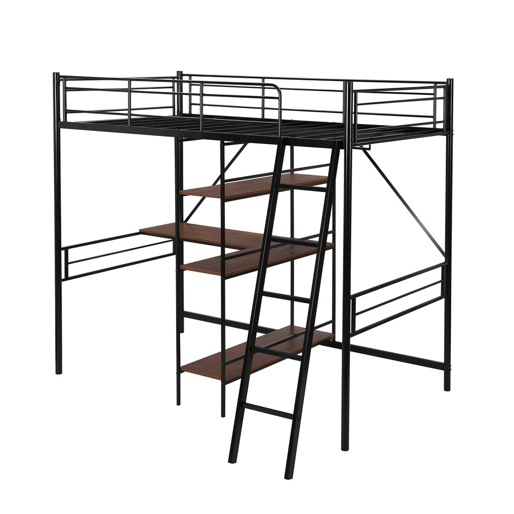 LuxxHomes  Black Twin Size Metal Loft Bed With Desk and Shelves