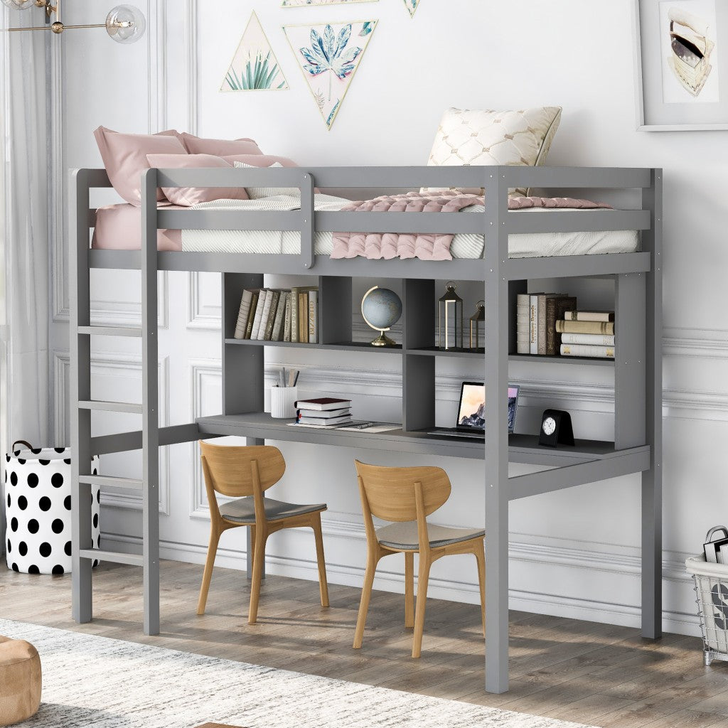 LuxxHomes  Gray Twin Loft Bed With Desk and Shelves