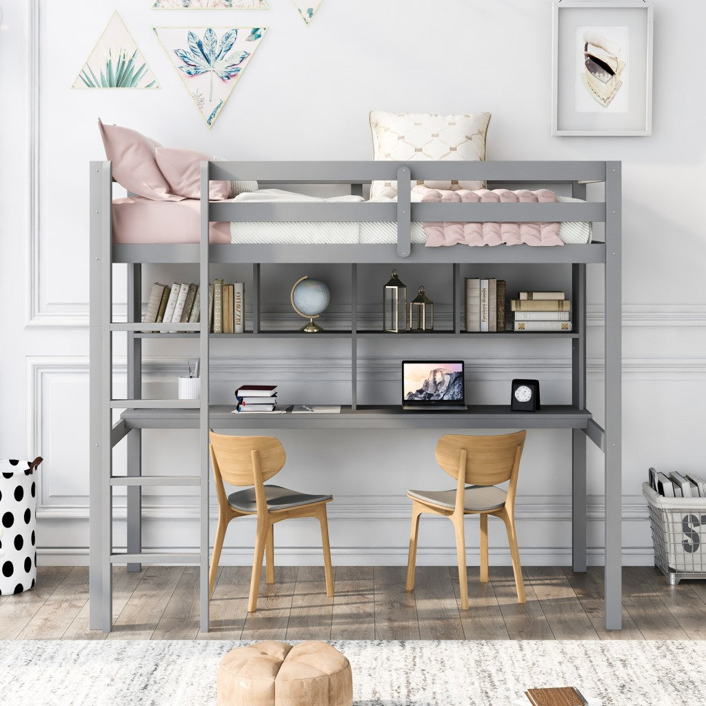 LuxxHomes  Gray Twin Loft Bed With Desk and Shelves