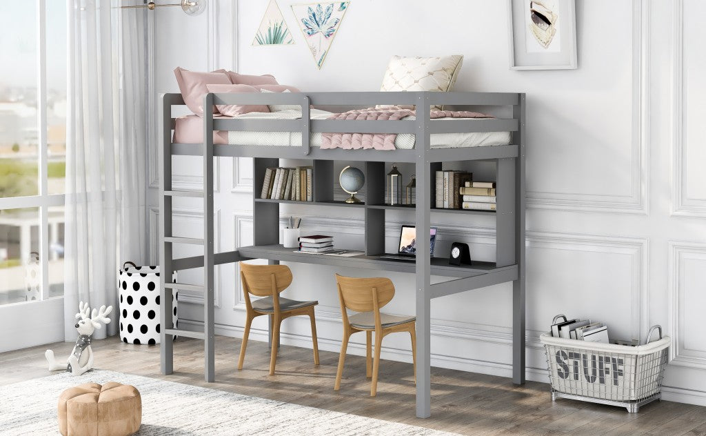 LuxxHomes  Gray Twin Loft Bed With Desk and Shelves