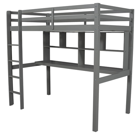 LuxxHomes  Gray Twin Loft Bed With Desk and Shelves