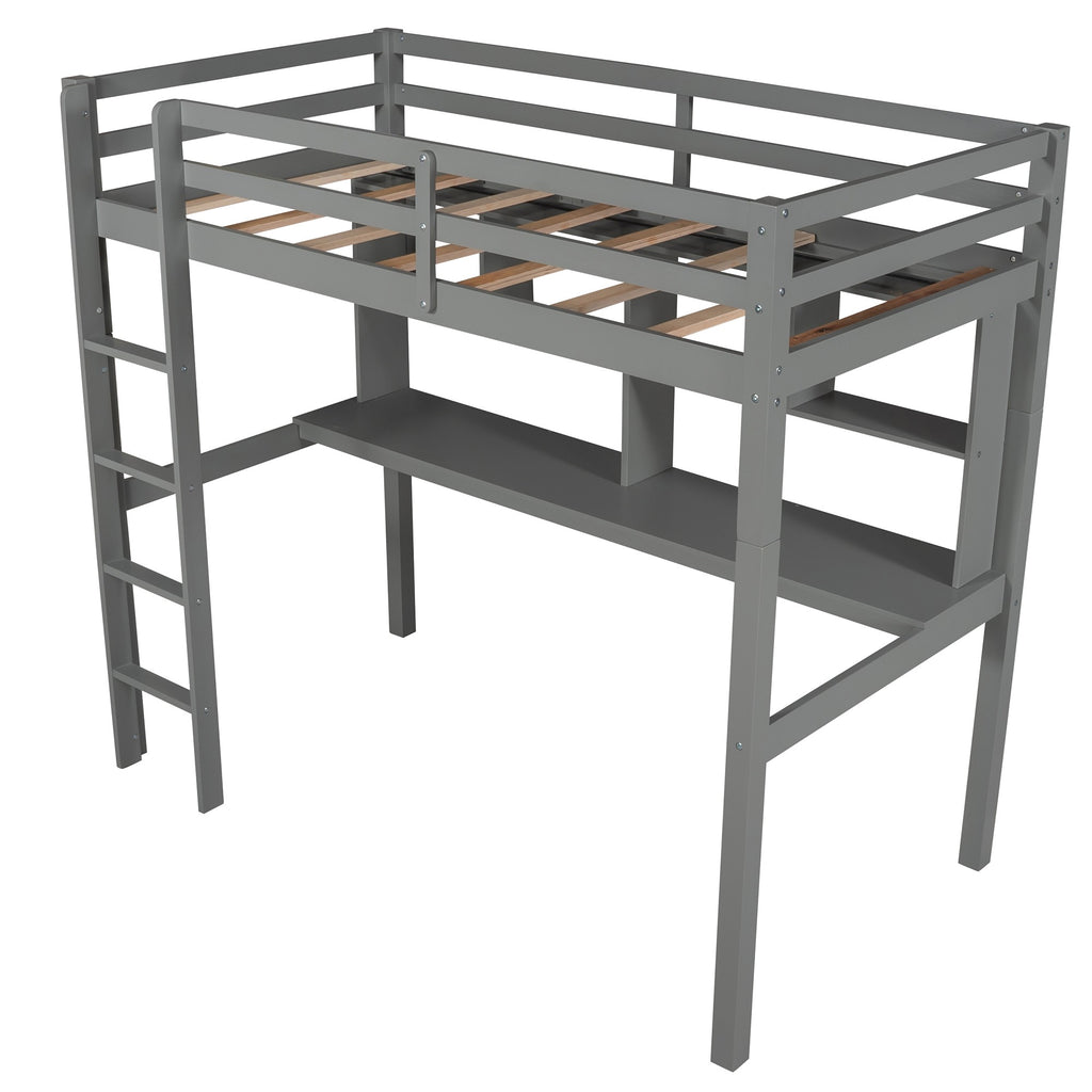 LuxxHomes  Gray Twin Loft Bed With Desk and Shelves