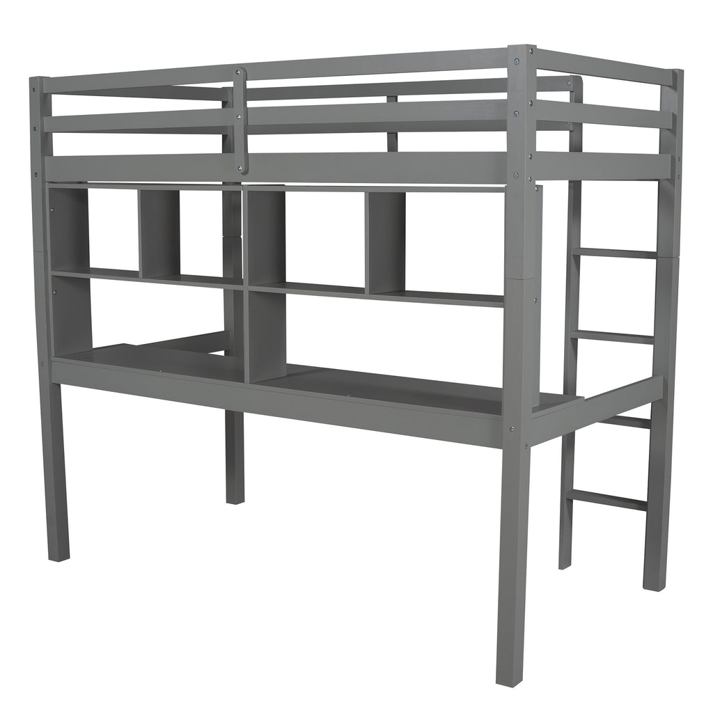 LuxxHomes  Gray Twin Loft Bed With Desk and Shelves