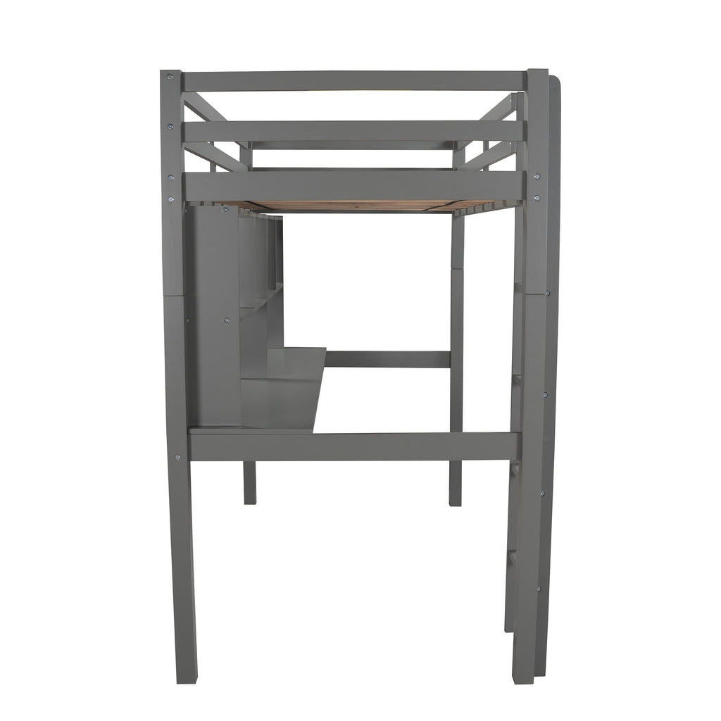 LuxxHomes  Gray Twin Loft Bed With Desk and Shelves