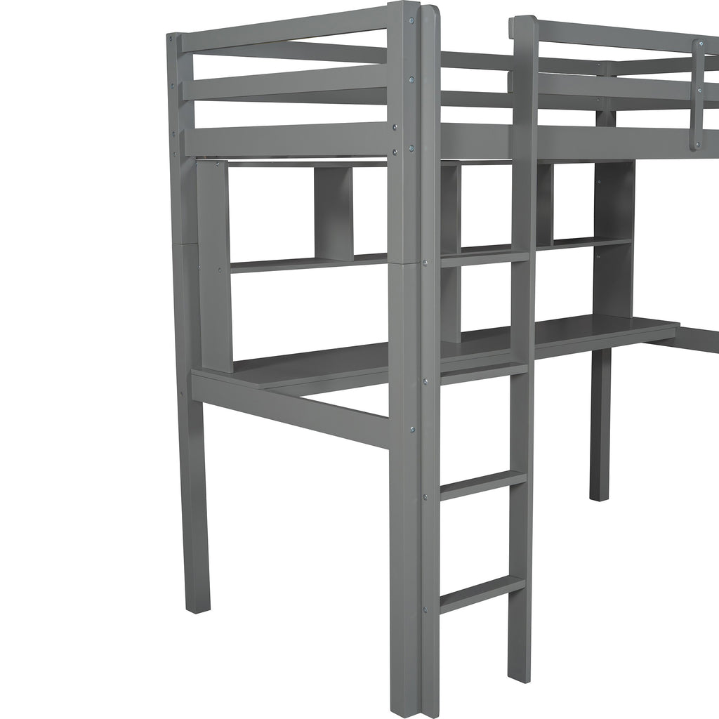 LuxxHomes  Gray Twin Loft Bed With Desk and Shelves