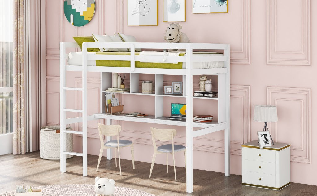 LuxxHomes  White Twin Loft Bed With Desk and Shelves