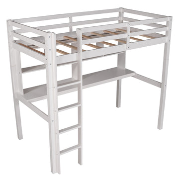 LuxxHomes  White Twin Loft Bed With Desk and Shelves