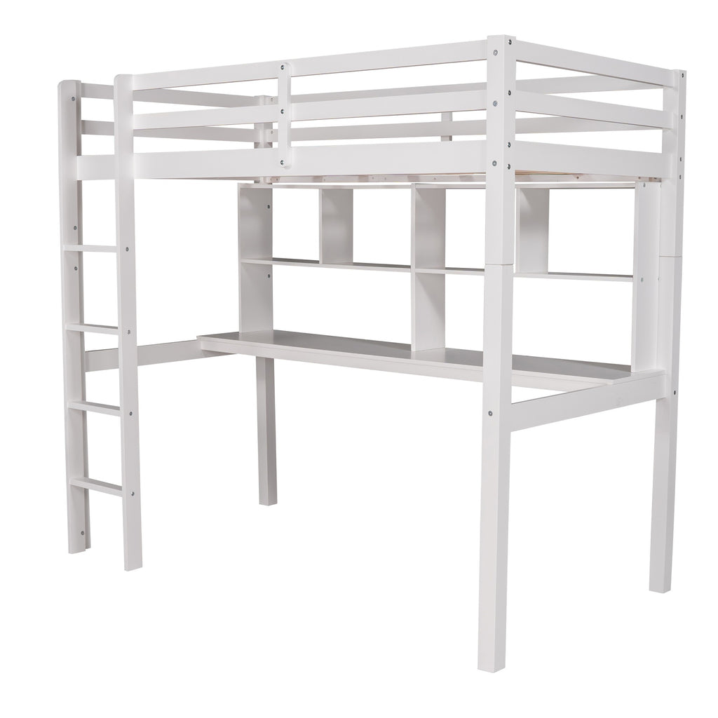 LuxxHomes  White Twin Loft Bed With Desk and Shelves