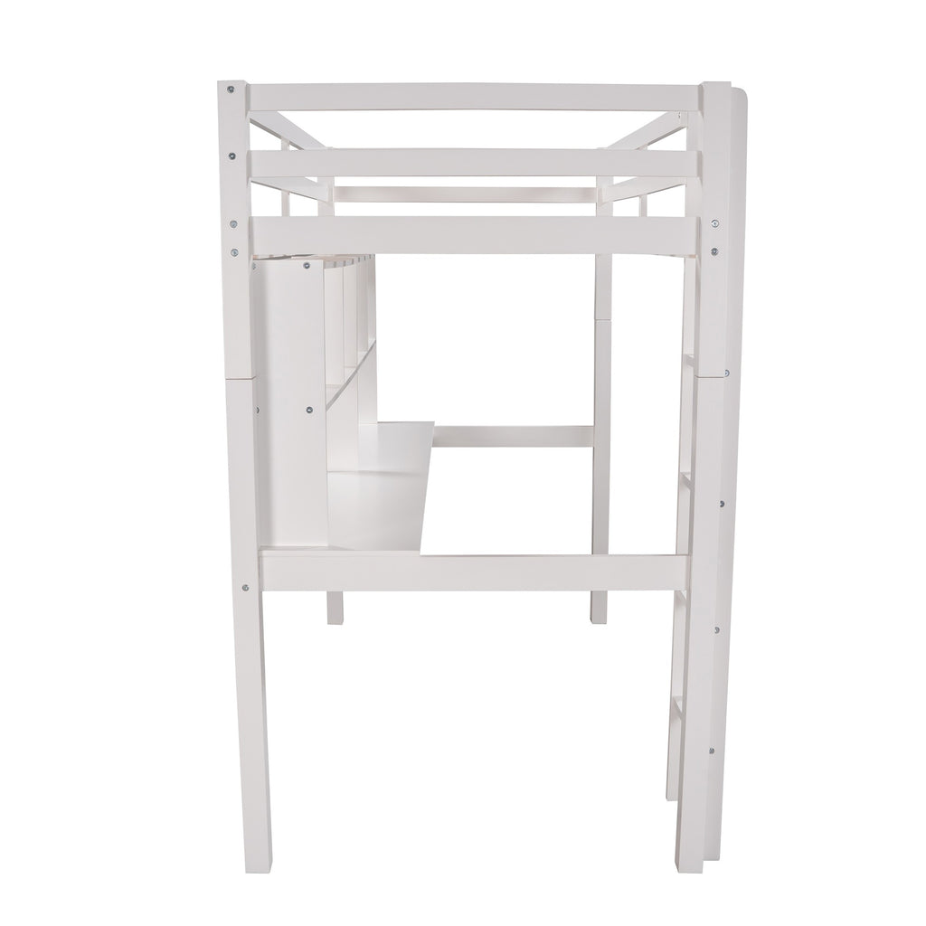 LuxxHomes  White Twin Loft Bed With Desk and Shelves