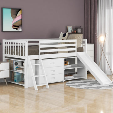 LuxxHomes  White Twin Loft Bed With Cabinet and Shelves