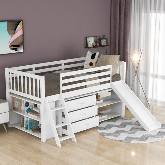 LuxxHomes  White Twin Loft Bed With Cabinet and Shelves