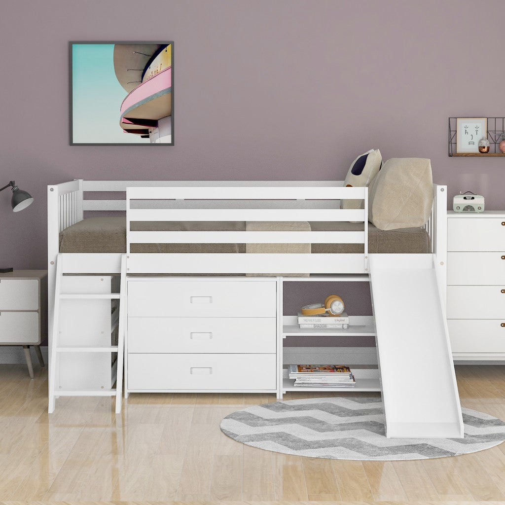 LuxxHomes  White Twin Loft Bed With Cabinet and Shelves