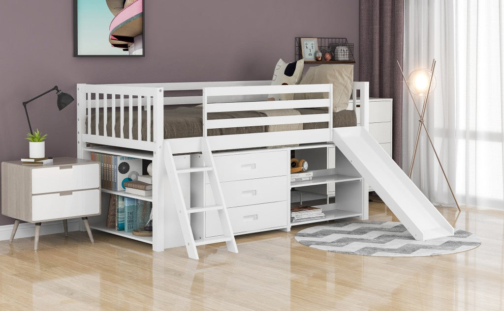 LuxxHomes  White Twin Loft Bed With Cabinet and Shelves