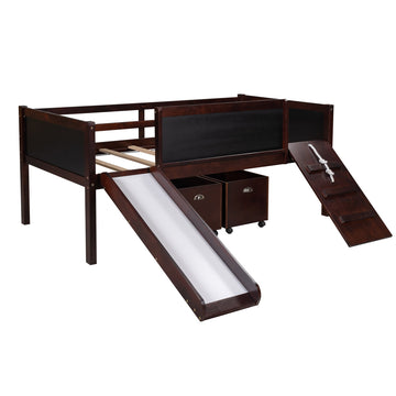 LuxxHomes  Climbing Frame Dark Brown Twin Size Loft Bed with Slide and Storage Boxes