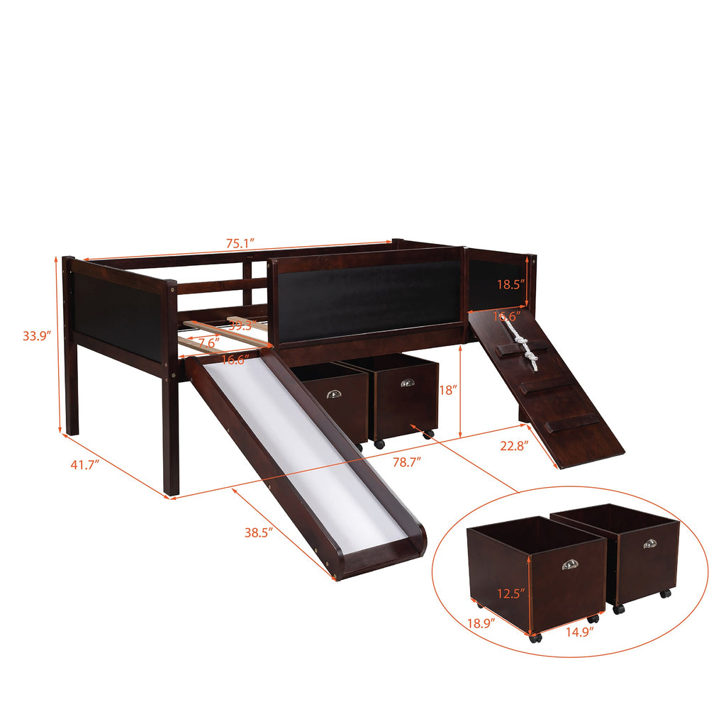 LuxxHomes  Climbing Frame Dark Brown Twin Size Loft Bed with Slide and Storage Boxes