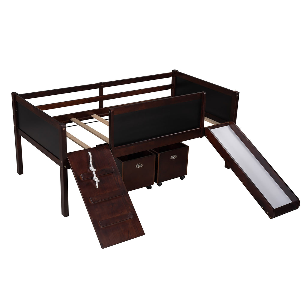 LuxxHomes  Climbing Frame Dark Brown Twin Size Loft Bed with Slide and Storage Boxes