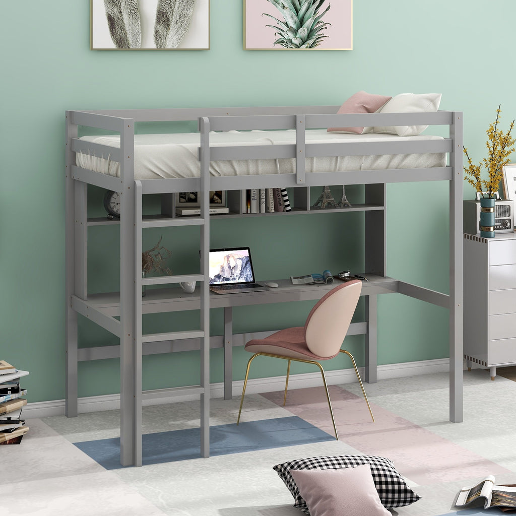 LuxxHomes  Minimalist Gray Twin Size Loft Bed with Built In Desk and Shelf