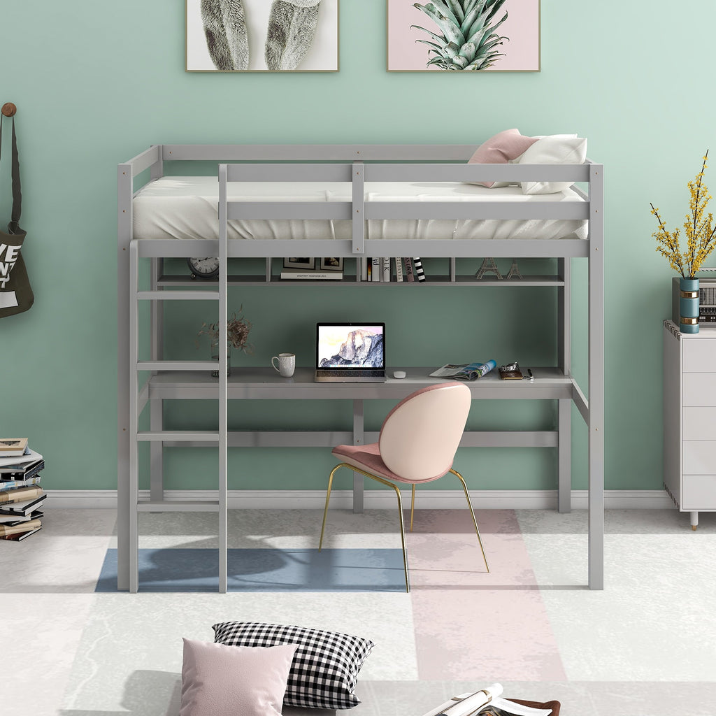 LuxxHomes  Minimalist Gray Twin Size Loft Bed with Built In Desk and Shelf